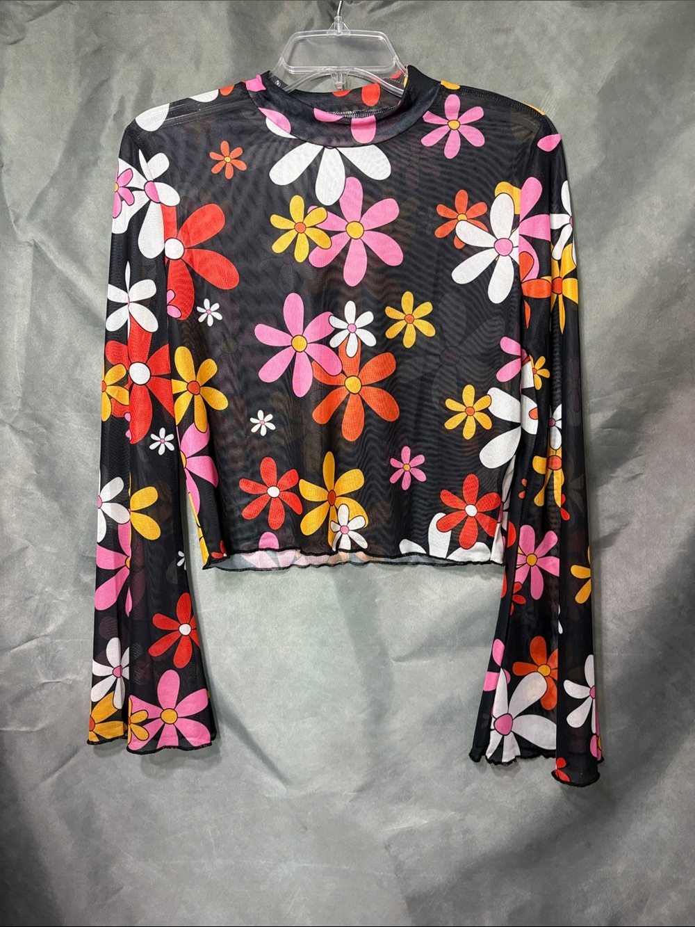 X.M.A.J Floral Mesh Long-Sleeve Crop Top - Black with Pink, Red & Yellow Flowers